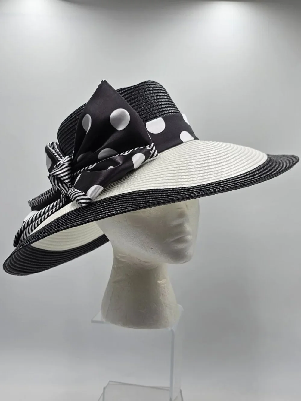August Hat Company B&W Wide Brim Hat with Polka-Dot & Striped Accent Bow